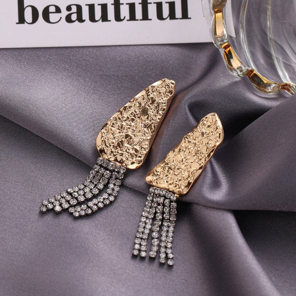 Abstract Gold Crystal Tassel Earrings