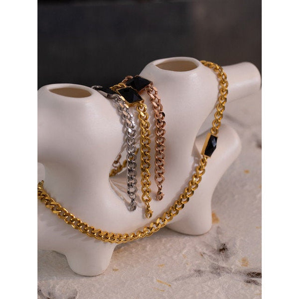 Black gemstone Necklace and Bracelet Cuban Chain Set