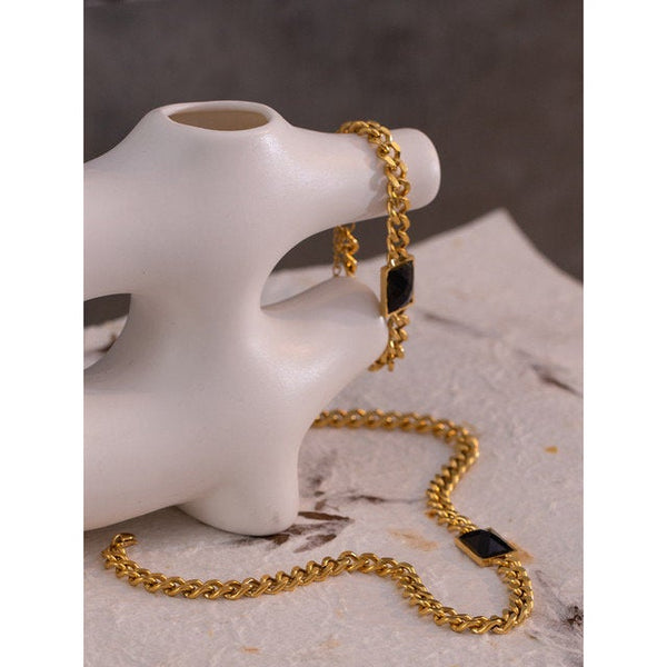 Black gemstone Necklace and Bracelet Cuban Chain Set