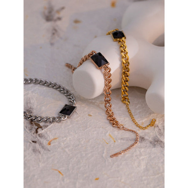 Black gemstone Necklace and Bracelet Cuban Chain Set