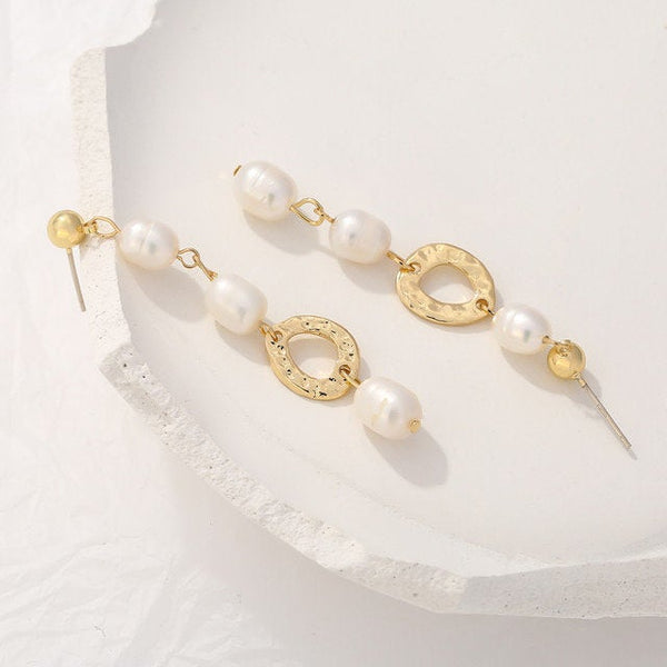 Long Gold Pearl Oval Earrings