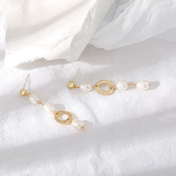 Long Gold Pearl Oval Earrings