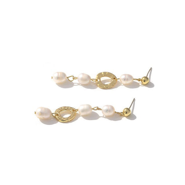 Long Gold Pearl Oval Earrings