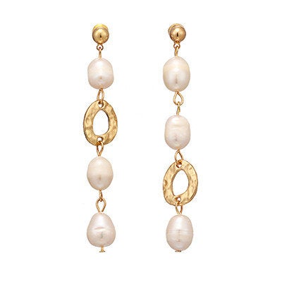 Long Gold Pearl Oval Earrings