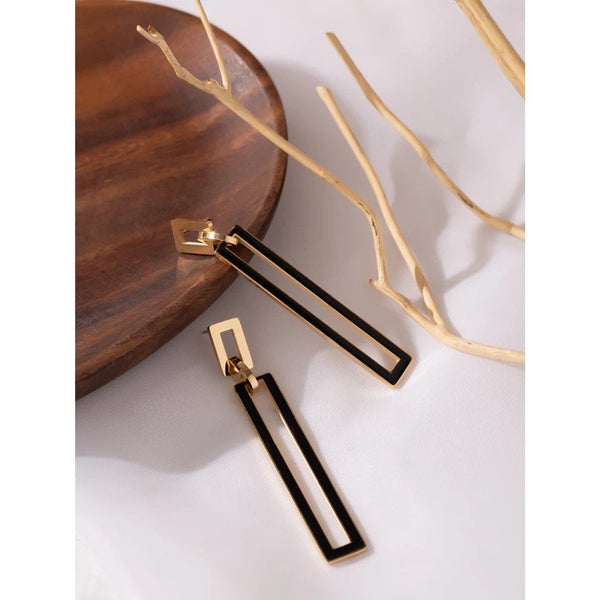 Black and Gold Rectangle Dangle Earrings