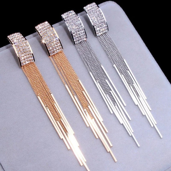 Crystal Rectangle Tassel Earrings