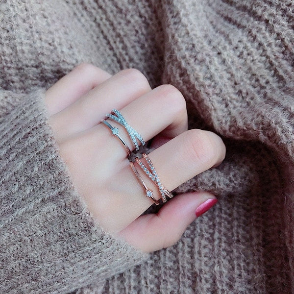 Layered X Crystal Solitaire Ring