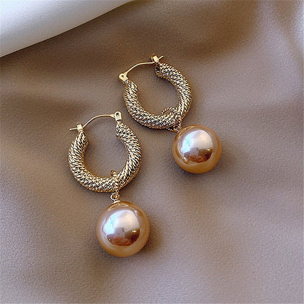 Twisted Hoop Pearl Charm Earrings